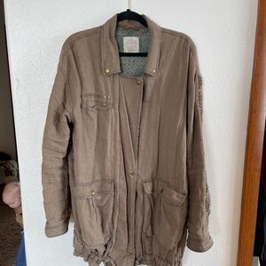 Free People Embroidered Linen Trench Jacket- medium green